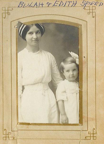 Granny Album Page 6.jpg - From left to right is Bulah Speed (1894-1992), who was the daughter of Henry Lewis Speed and Lucy Florence Abbott. Standing by Bulah is her niece, Edith Speed, daughter of Charlie Speed (Bulah's brother) and Mary Moore.
